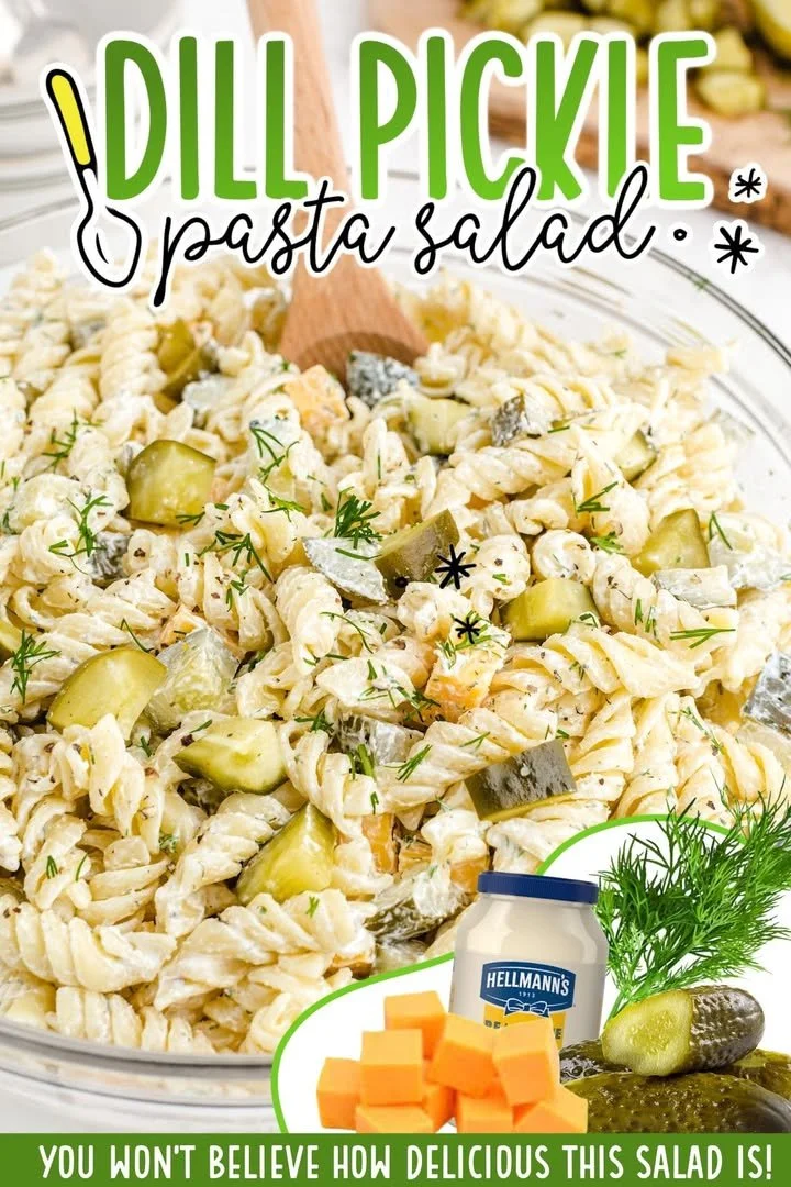 Delicious dill pickle pasta salad served in a bowl with fresh ingredients