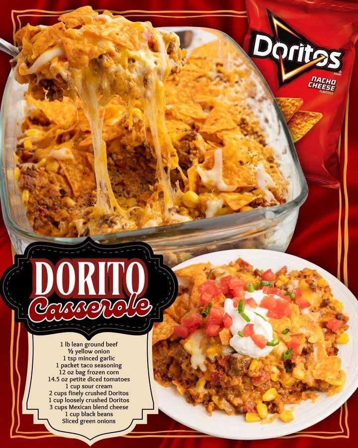 Delicious Dorito Casserole topped with cheesy goodness and crunchy Doritos.