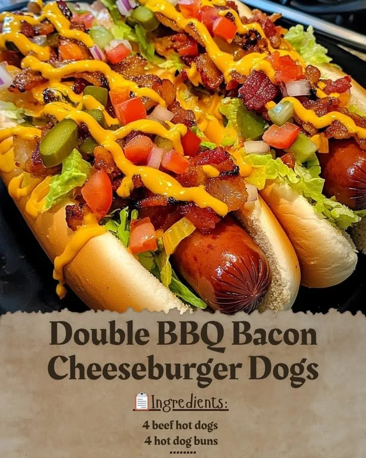Double BBQ Bacon Cheeseburger Dogs topped with cheese and BBQ sauce