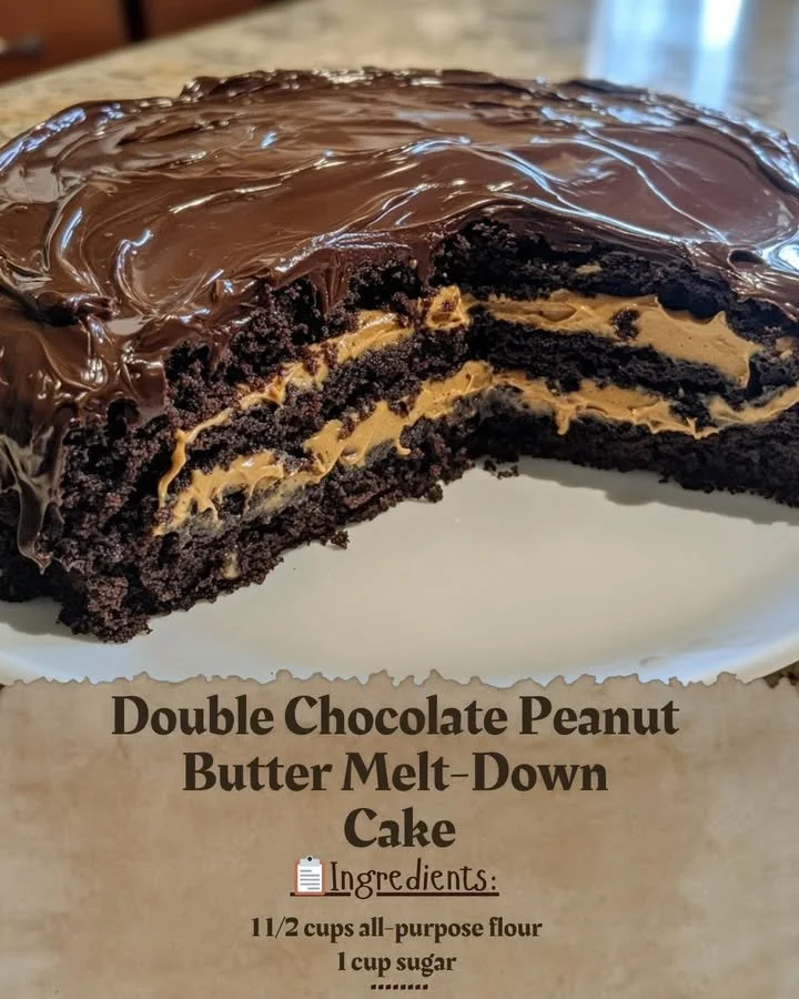 Decadent double chocolate peanut butter melt-down cake topped with rich frosting.