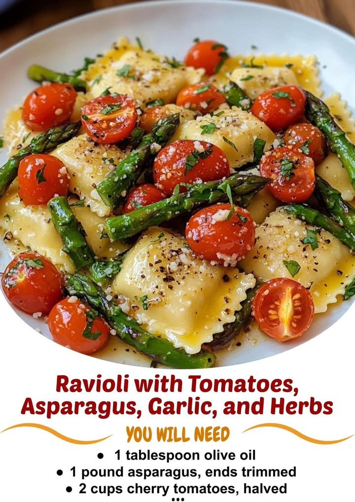 Ravioli with Tomatoes, Asparagus, Garlic, and Herbs