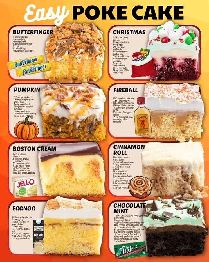 Delicious varieties of poke cake recipes showcased on a dessert table