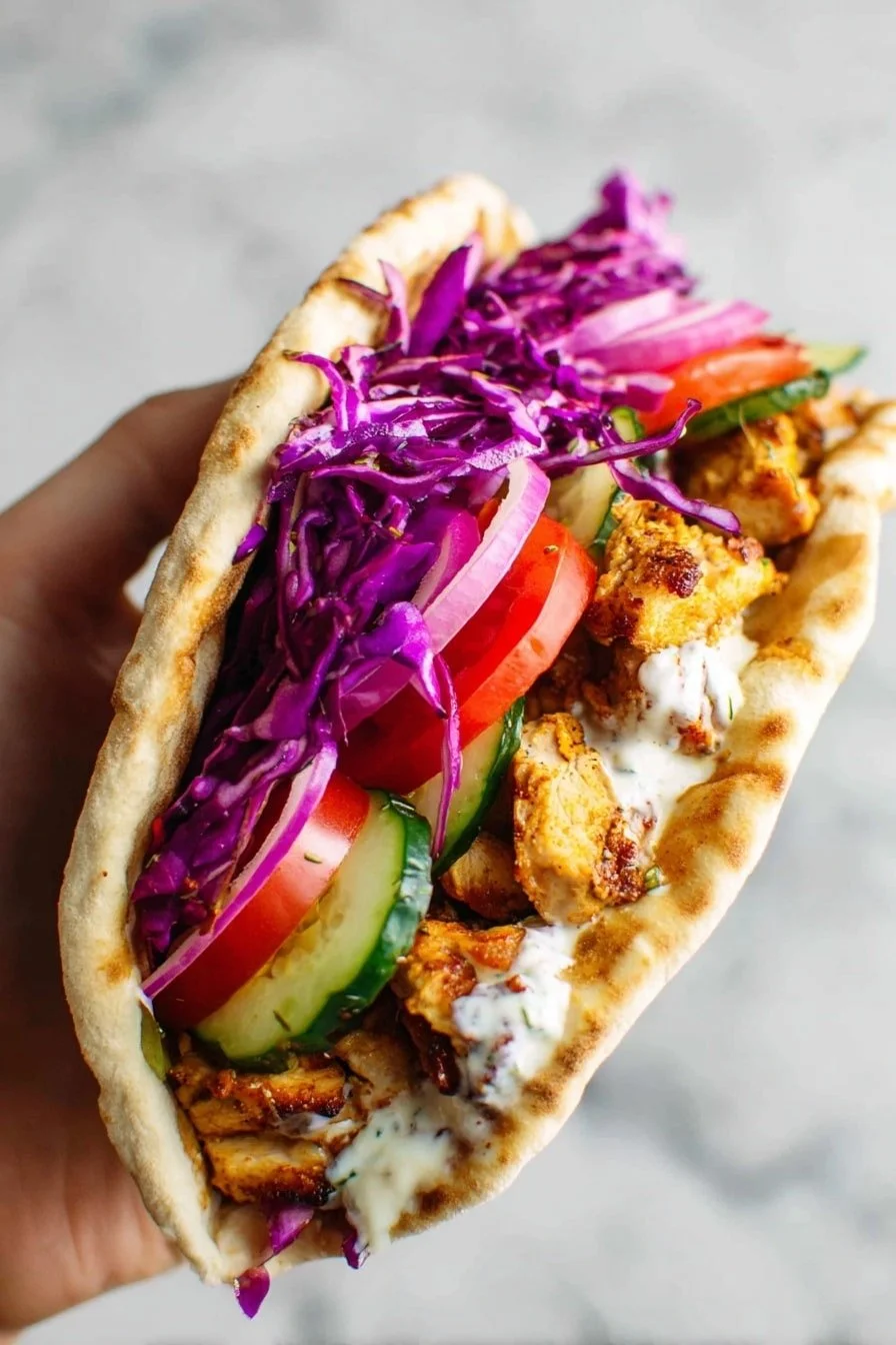 Homemade chicken shawarma wraps with fresh vegetables and sauce