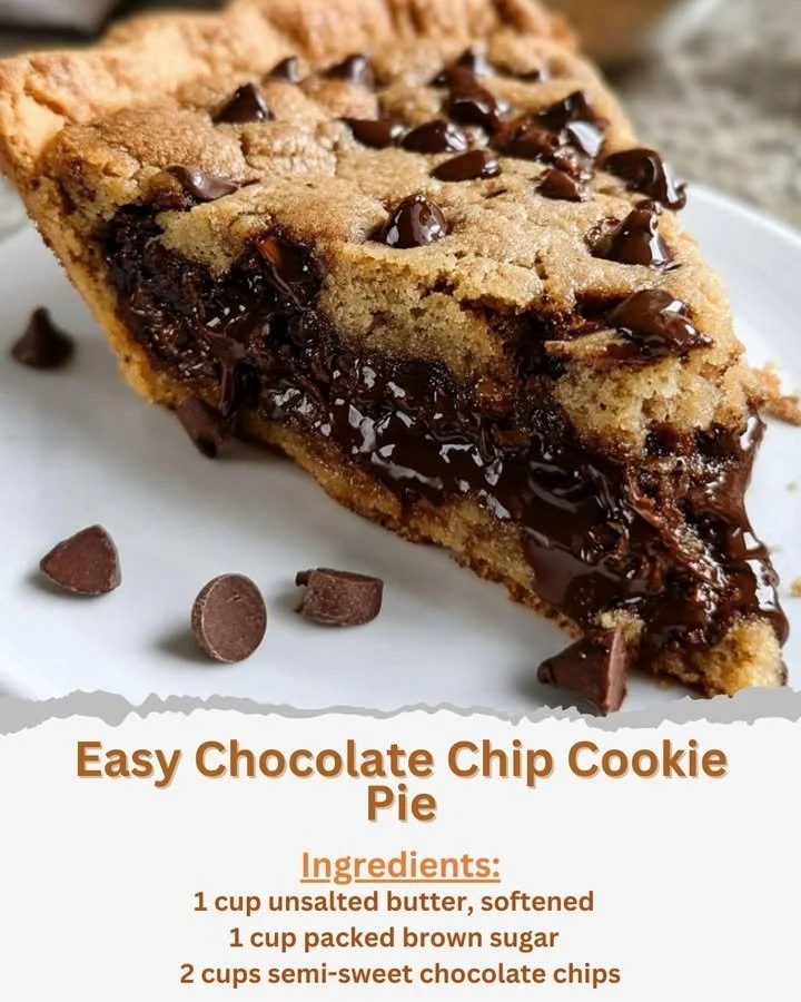 Delicious slice of easy chocolate chip cookie pie topped with chocolate chips