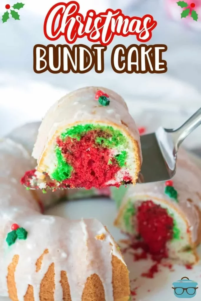 Delicious Easy Christmas Bundt Cake decorated with festive icing and seasonal toppings