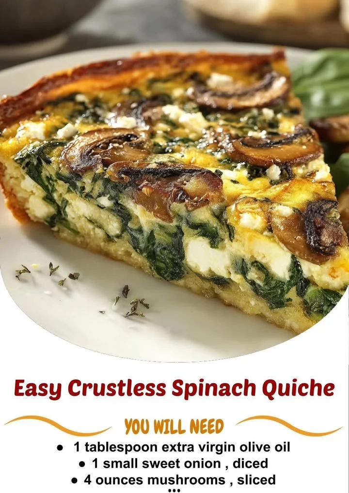 Easy crustless spinach quiche baked with fresh ingredients