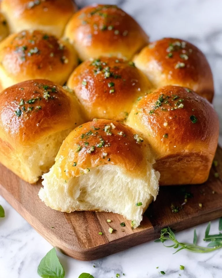 Easy garlic butter dinner rolls fresh out of the oven, golden and fluffy.