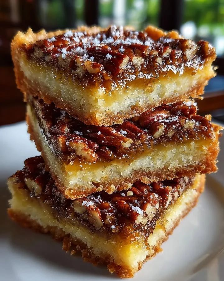 Delicious easy pecan pie bars on a rustic wooden table