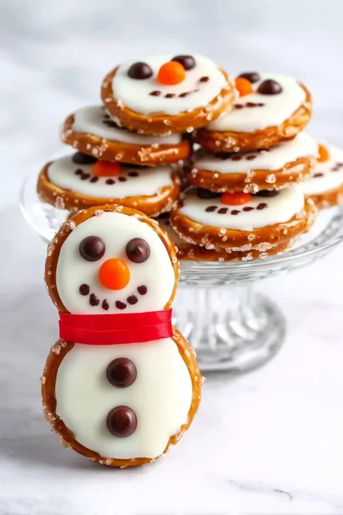 Easy white chocolate pretzel snowmen for a festive holiday treat