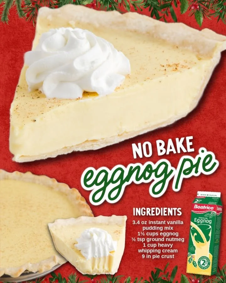 Delicious homemade Eggnog Pie topped with whipped cream and spices