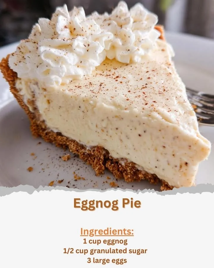 Delicious homemade Eggnog Pie topped with whipped cream and nutmeg