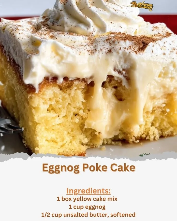 Delicious Eggnog Poke Cake topped with whipped cream and holiday spices
