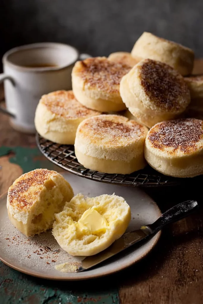 Freshly baked English muffins ready for breakfast with butter and jam