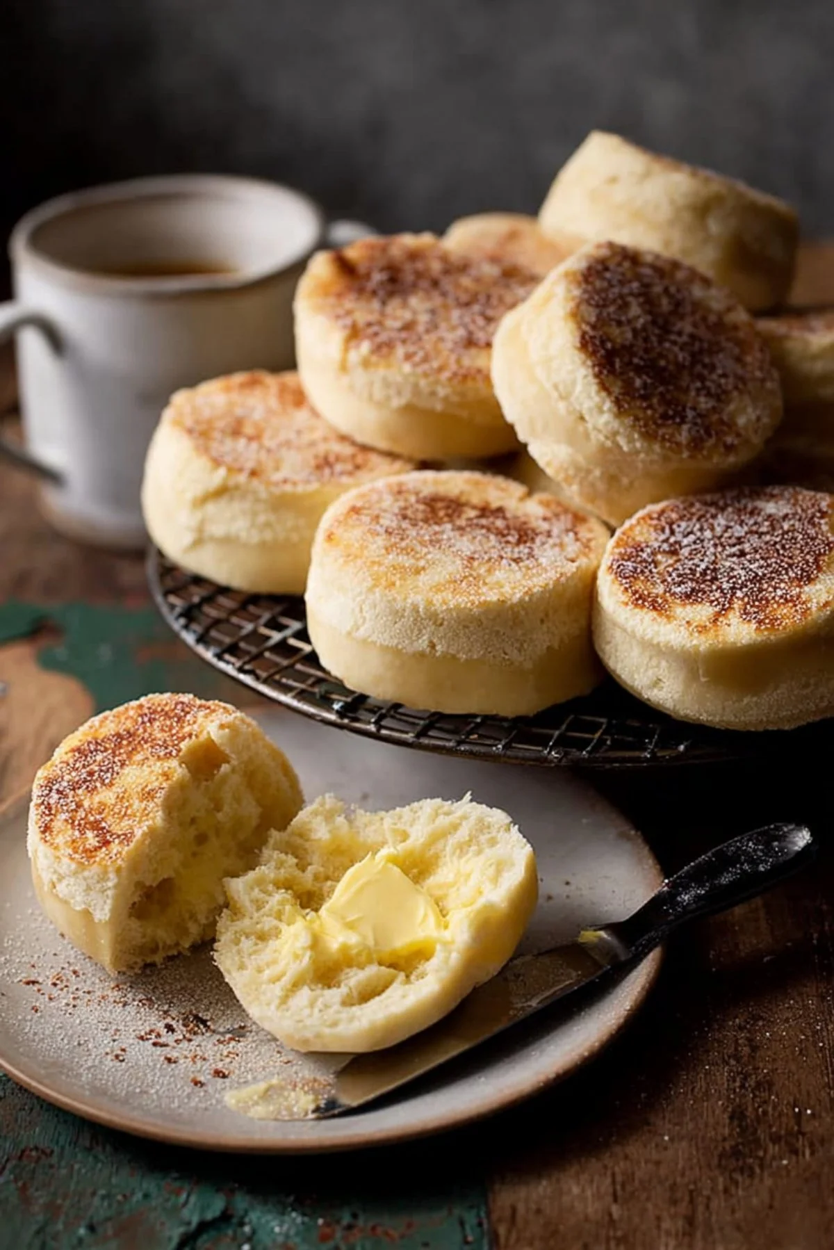 Freshly baked English muffins ready for breakfast with butter and jam