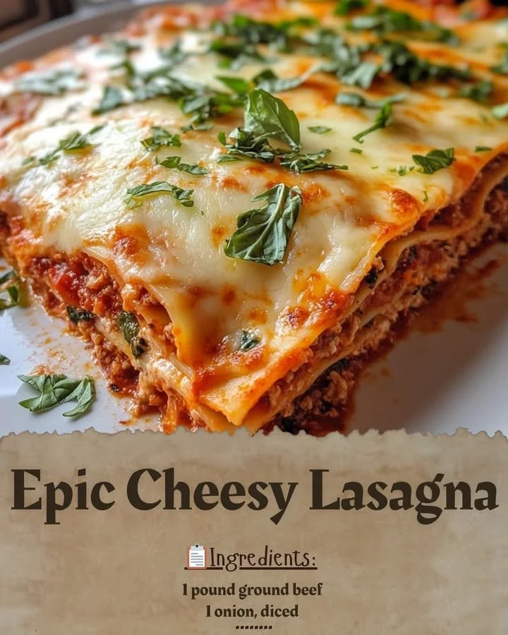 Delicious epic cheesy lasagna with layers of cheese and rich sauce