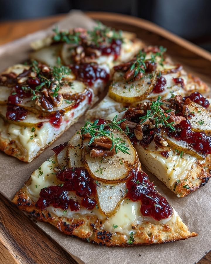 Crispy Flatbread with Brie, Pear, Toasted Pecans & Cranberry Glaze
