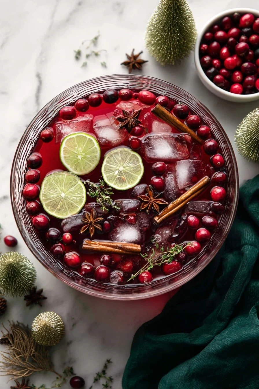 Festive Cranberry Ginger Punch in a glass with cranberries and ginger slices