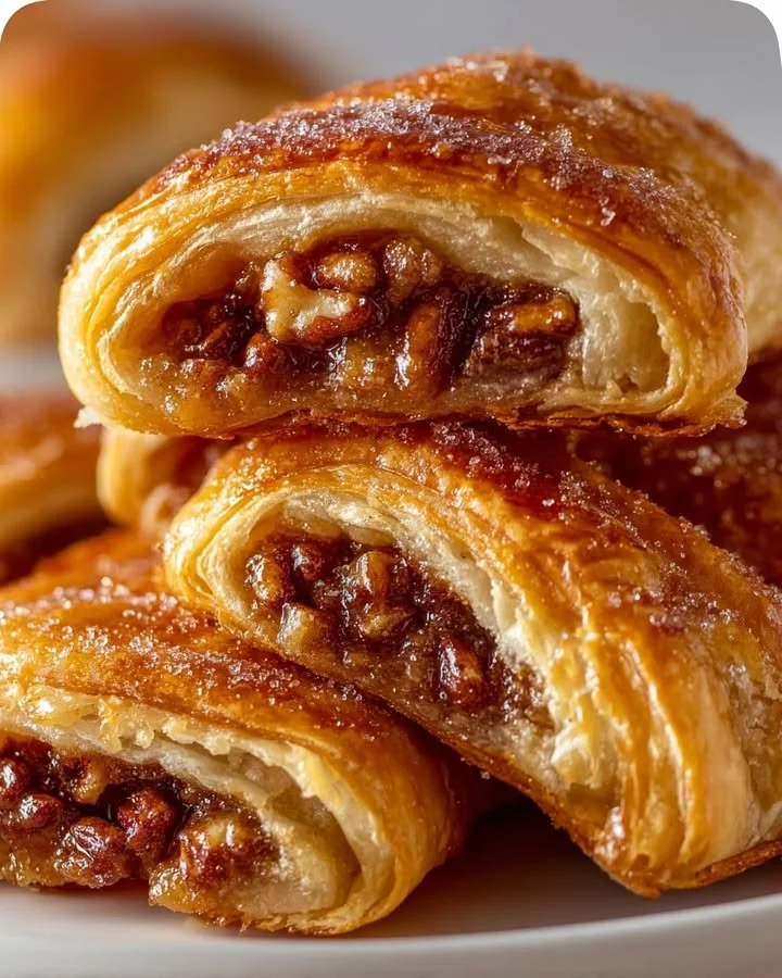 Flaky pecan pie crescents ready to serve on a plate