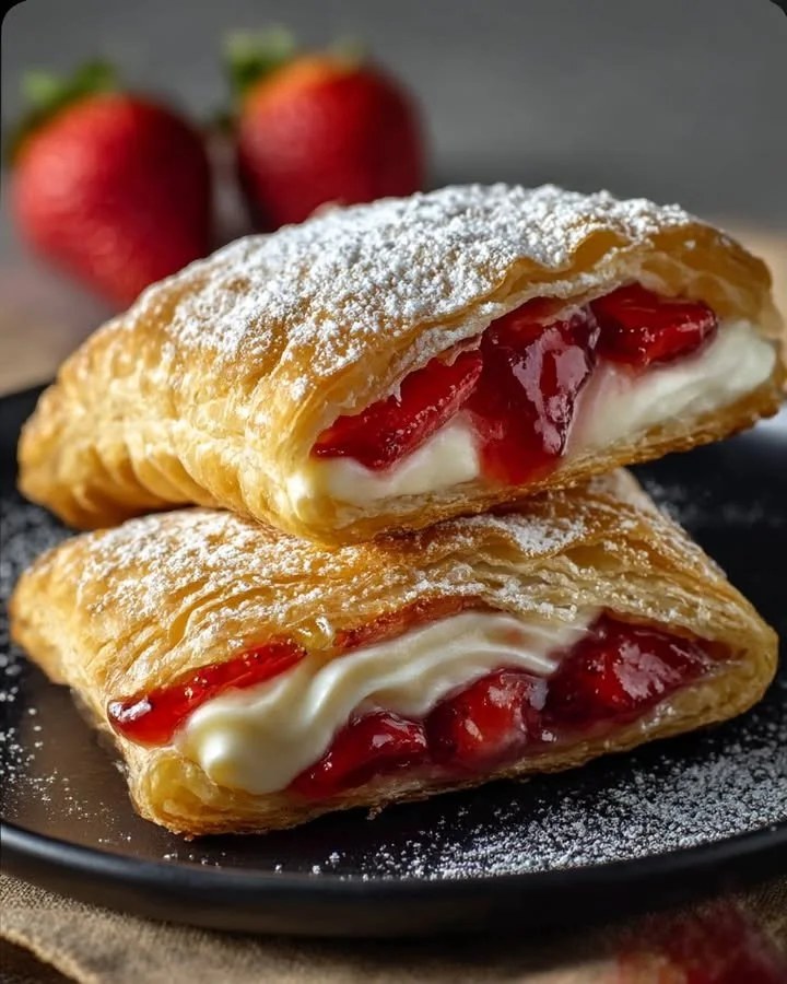 Delicious flaky strawberry cheesecake turnovers ready to be served.