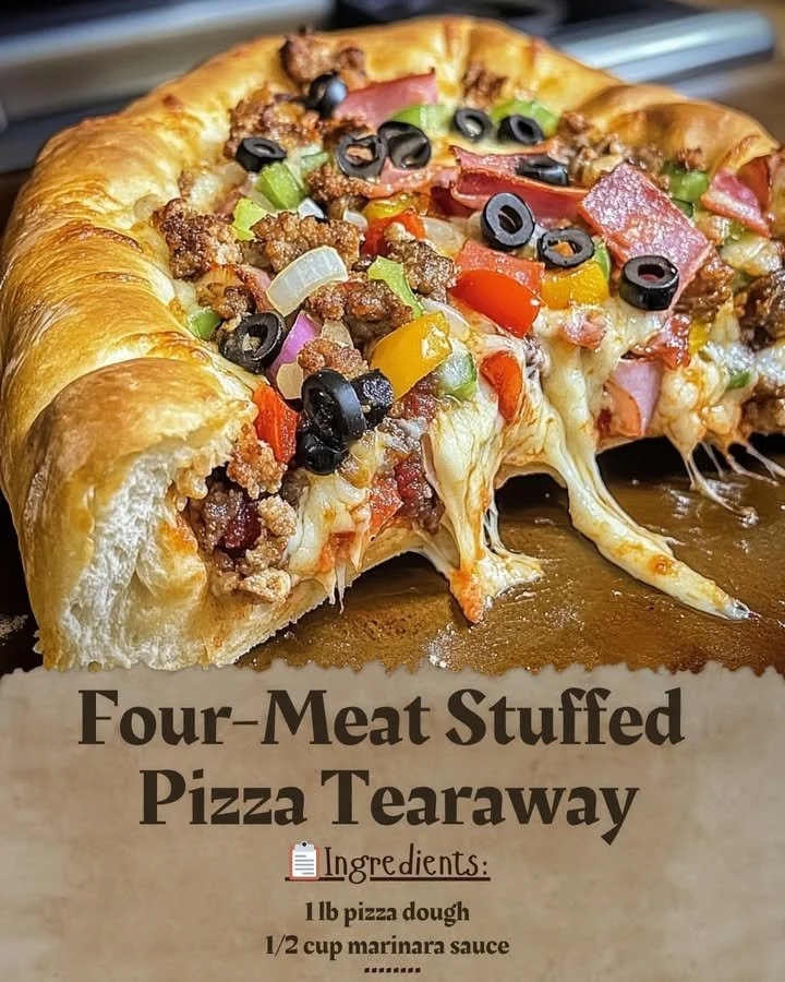 Four-Meat Stuffed Pizza with layers of meat and cheese