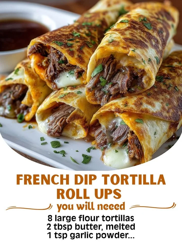 French Dip Tortilla Roll Ups served on a platter