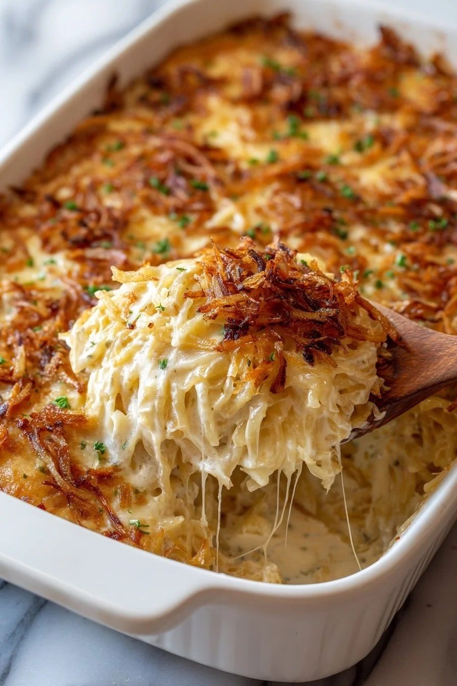Delicious French Onion Chicken Orzo Bake with melted cheese and herbs.
