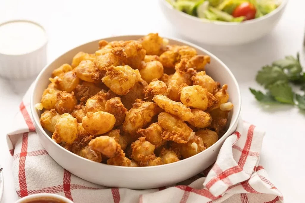 A plate of golden brown fried cheese curds served with dipping sauce