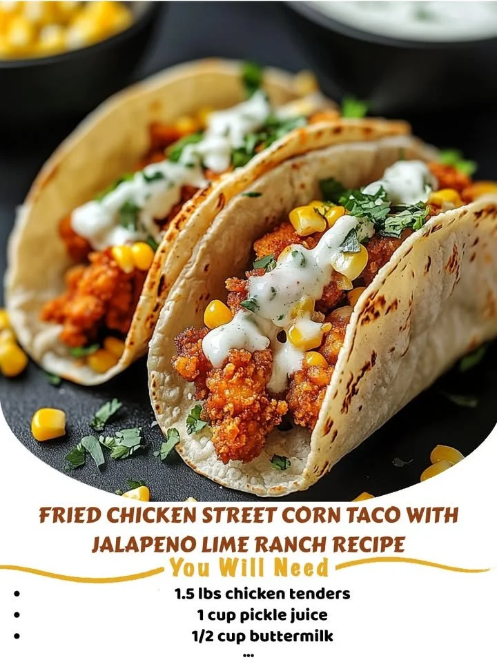 Fried chicken street corn taco topped with jalapeno lime ranch dressing