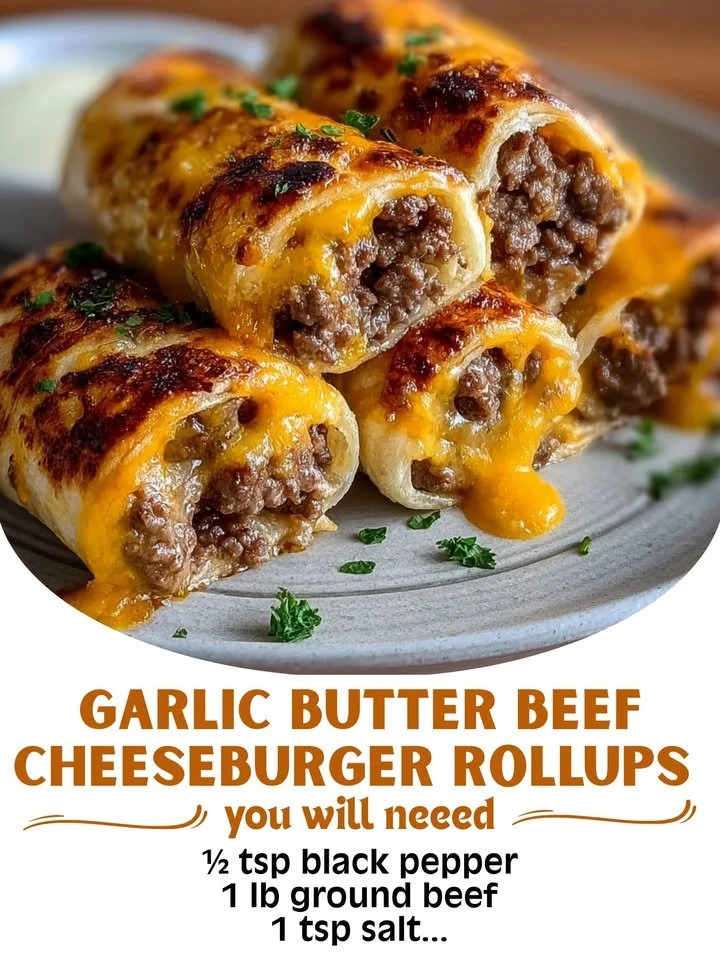 Garlic Butter Beef Cheeseburger Rollups served on a plate