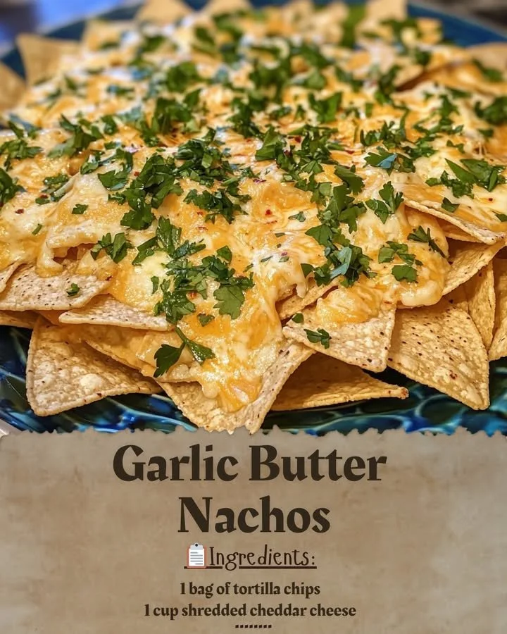Delicious Garlic Butter Nachos topped with cheese and herbs