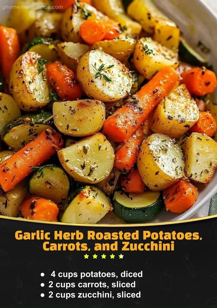 Garlic herb roasted potatoes, carrots, and zucchini in a serving dish