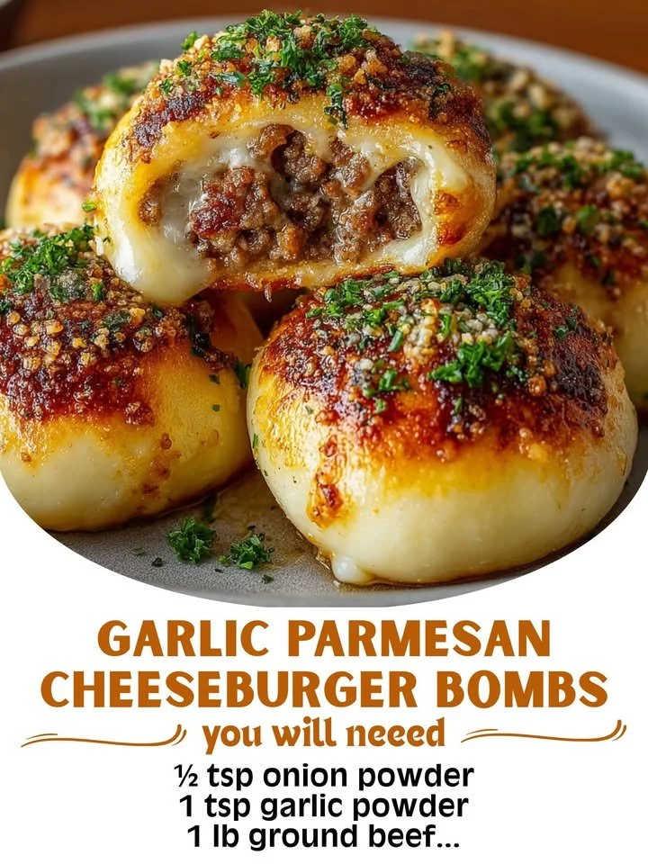 Garlic Parmesan Cheeseburger Bombs with melted cheese and savory garlic flavors
