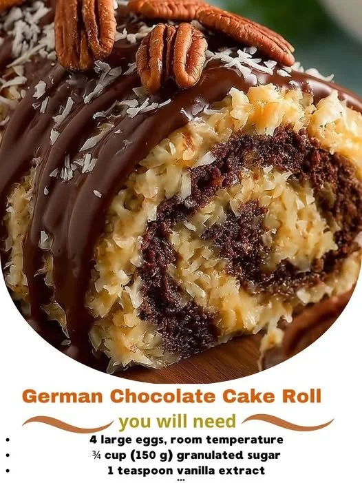 German chocolate cake roll with creamy frosting and coconut topping