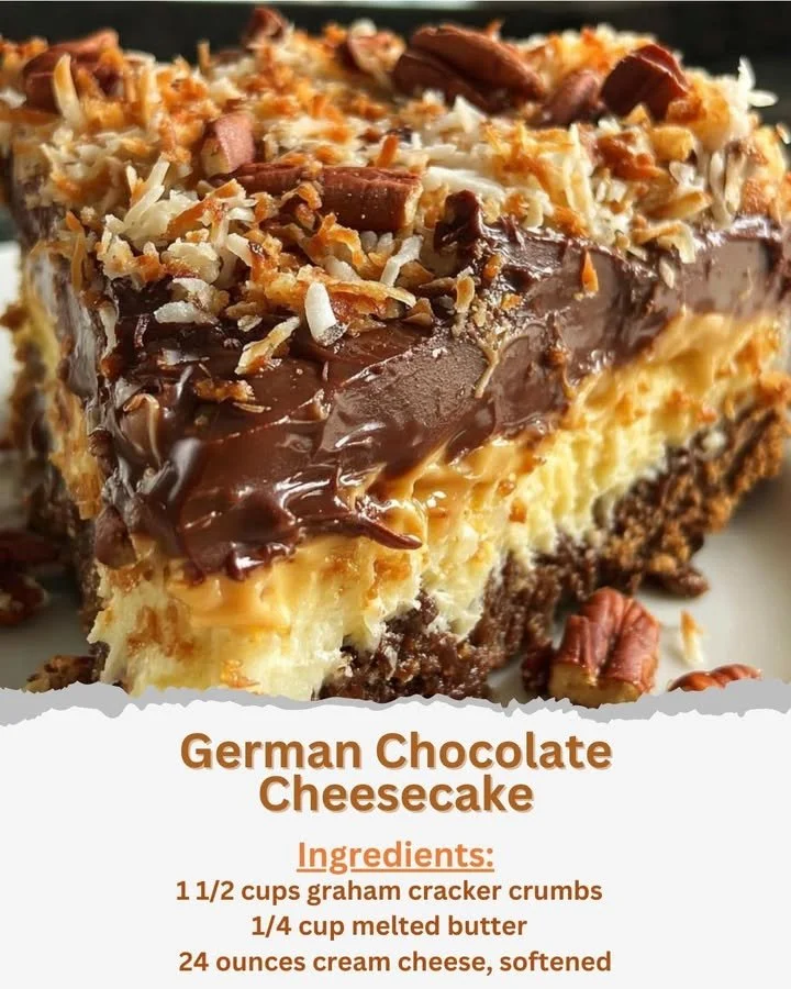 Delicious slice of German chocolate cheesecake topped with coconut and pecans.