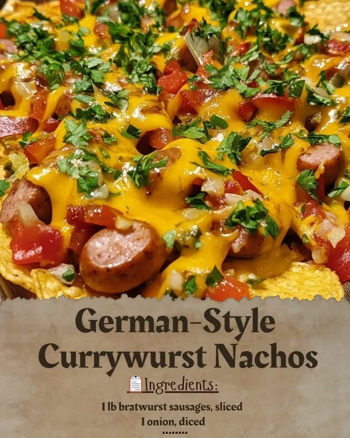 Plate of German-Style Currywurst Nachos topped with curry sauce and cheese