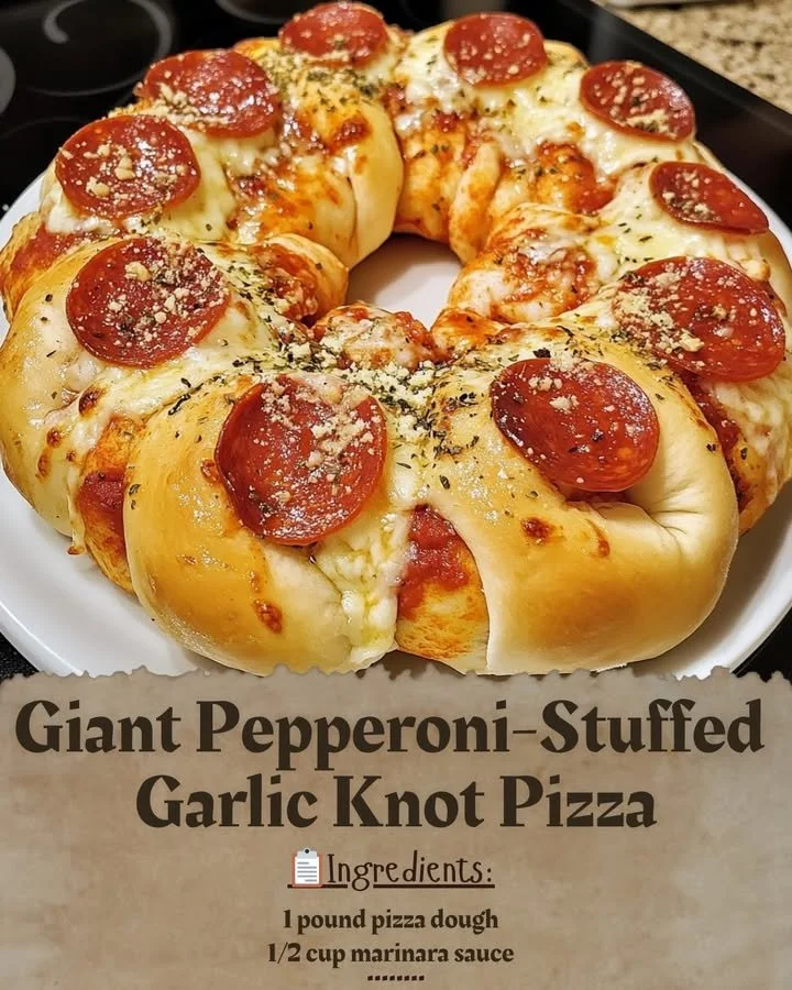 Giant Pepperoni-Stuffed Garlic Knot Pizza with melted cheese and pepperoni