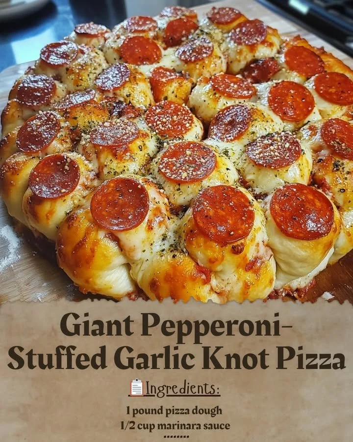 Giant Pepperoni-Stuffed Garlic Knot Pizza with golden crust and melted cheese