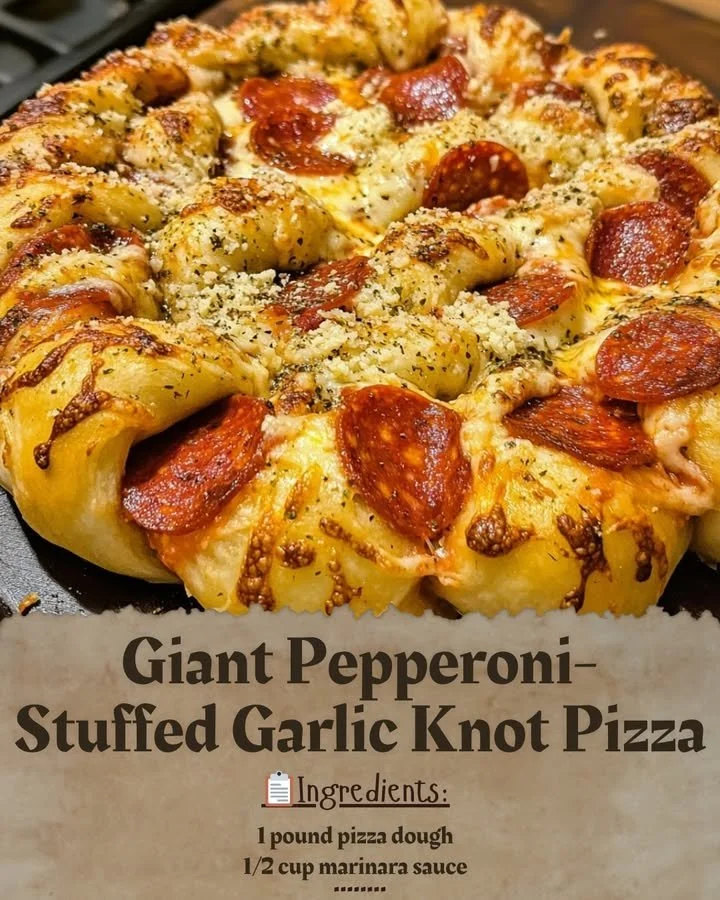 Giant Pepperoni-Stuffed Garlic Knot Pizza served hot and fresh