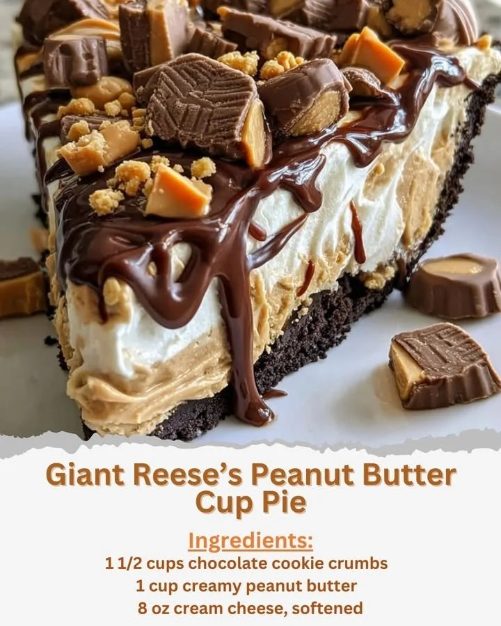 Giant Reese's Peanut Butter Cup Pie served on a plate with chocolate drizzle