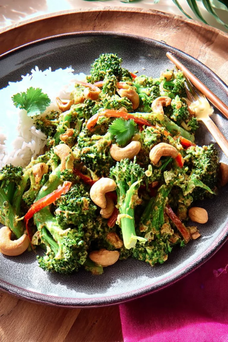 Gingery broccoli-fry with cashews served in a bowl