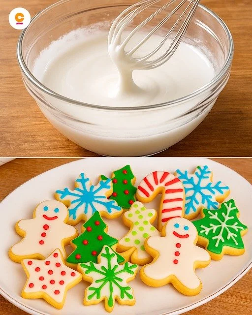 Assorted glazed Christmas cookies decorated with colorful icing