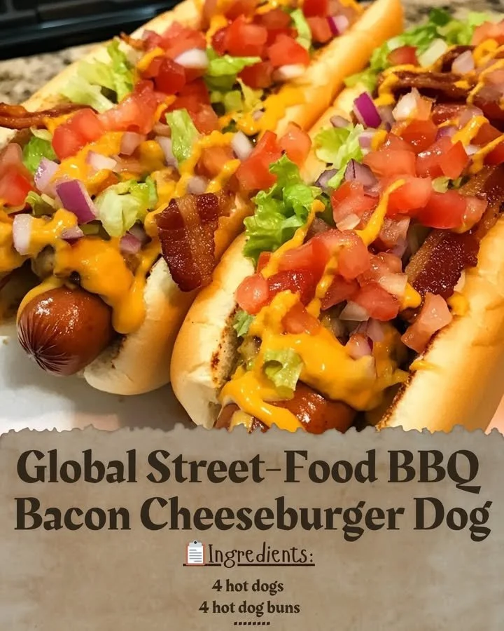 BBQ Bacon Cheeseburger Dog topped with crispy bacon and melted cheese