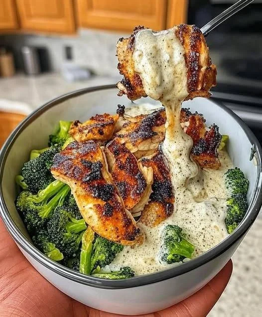 Grilled Chicken and Broccoli Bowls topped with creamy garlic sauce
