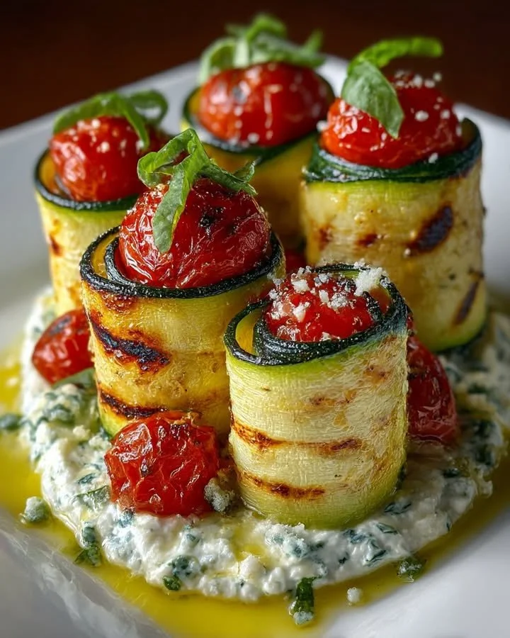 Grilled zucchini rollups with lemon-basil ricotta on a plate