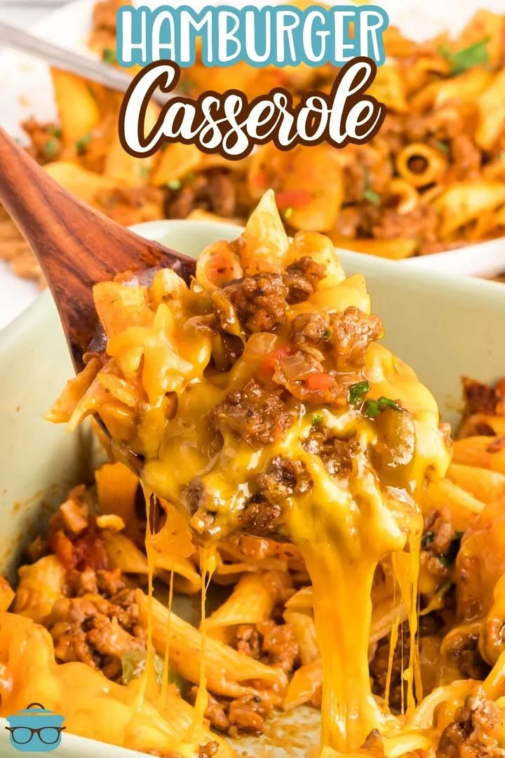 Delicious Hamburger Casserole baked with cheese and vegetables in a casserole dish