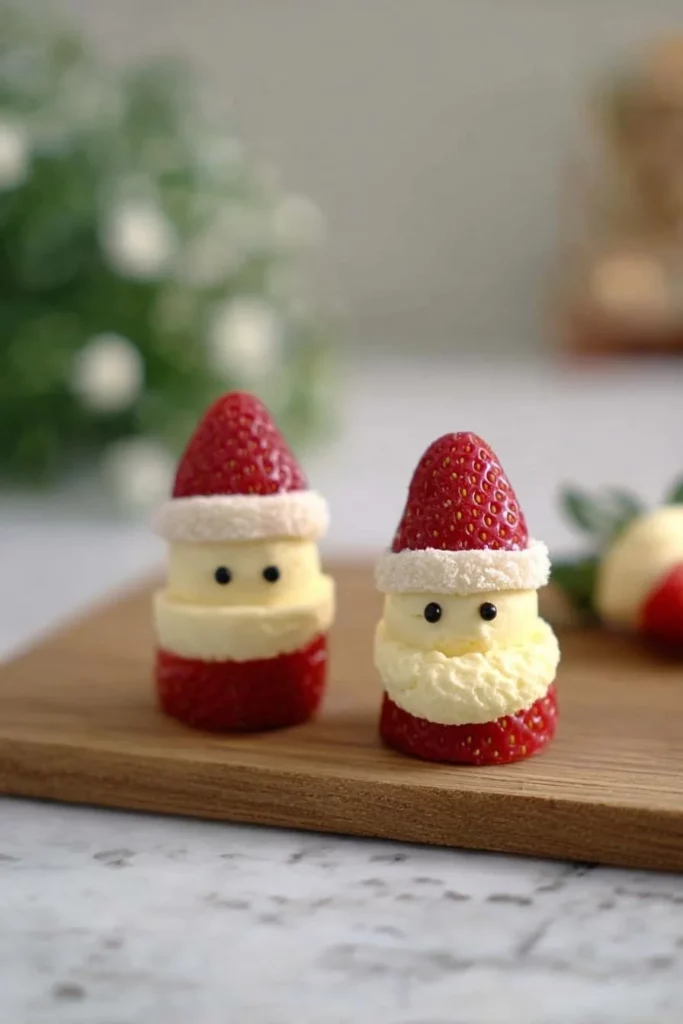 Healthy Strawberry Santas decorated for Christmas dessert