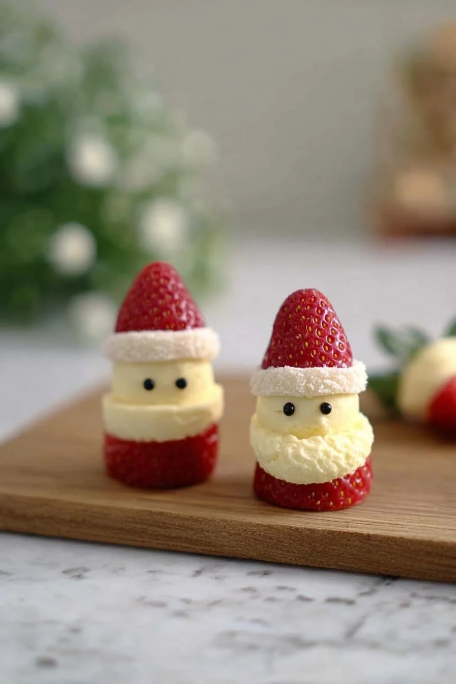 Healthy Strawberry Santas decorated for Christmas dessert