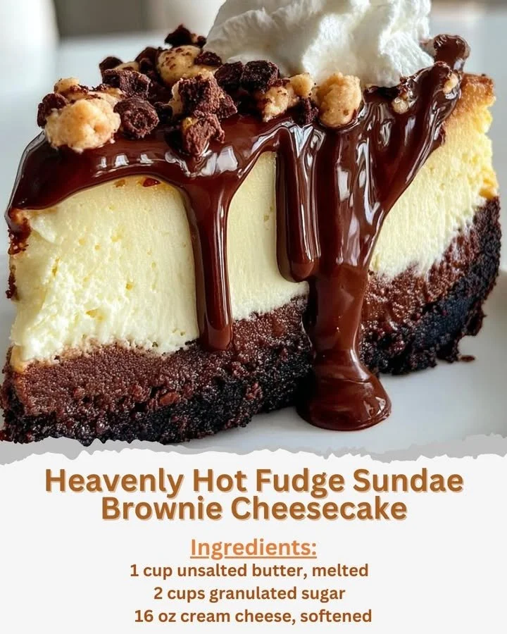 Heavenly hot fudge sundae brownie cheesecake topped with chocolate and whipped cream