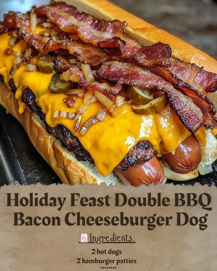 Delicious Holiday Feast Double BBQ Bacon Cheeseburger Dog ready to be served