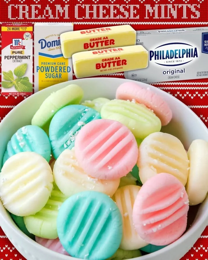 Homemade cream cheese mints on a decorative plate